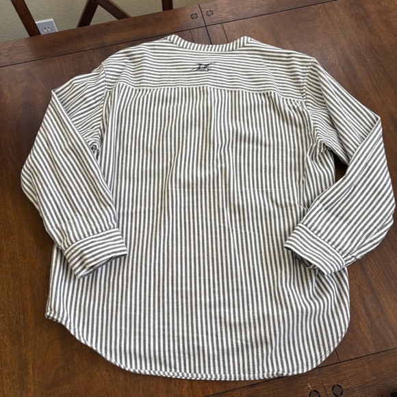 Madda Fella Castaway Striped Band Collar Shirt Mens L 100% Cotton Blue White - Picture 2 of 10